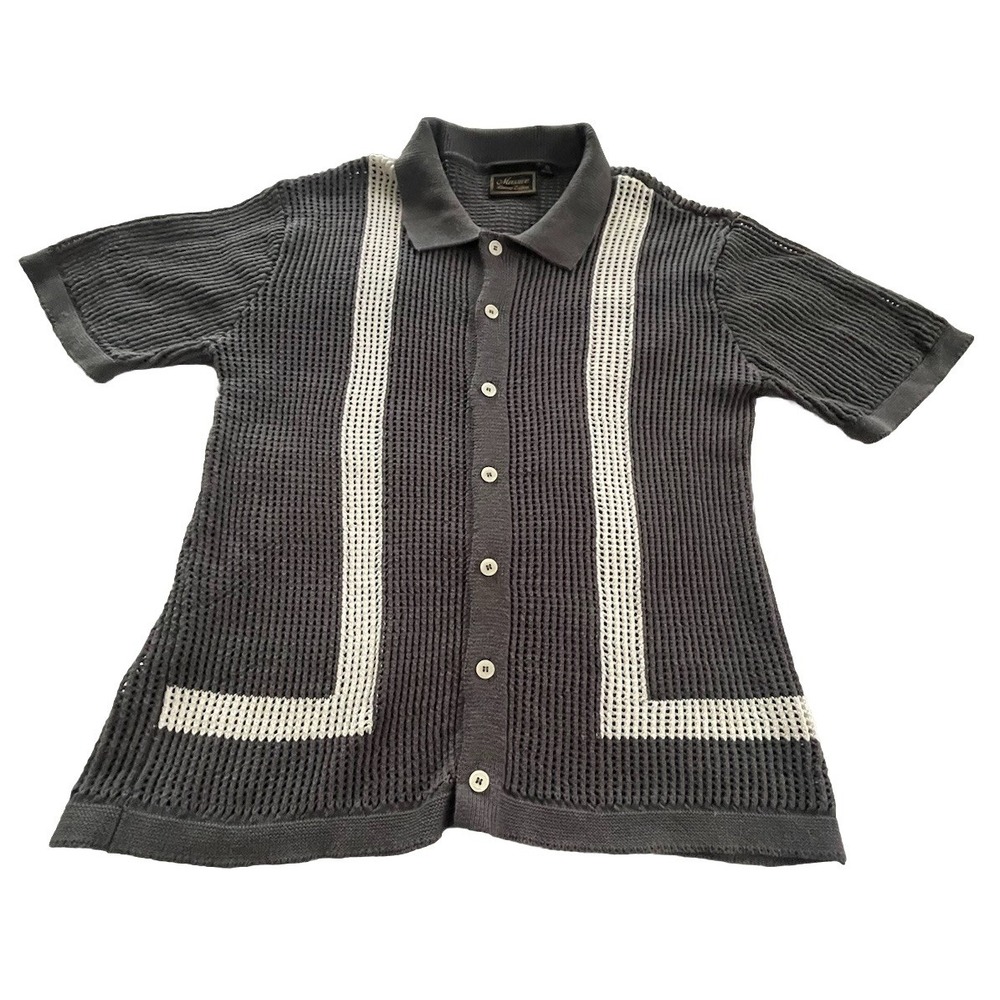 Massive Luxury Edition Mens XL Gray & White Crochet Knit Polo Button Up RETRO
